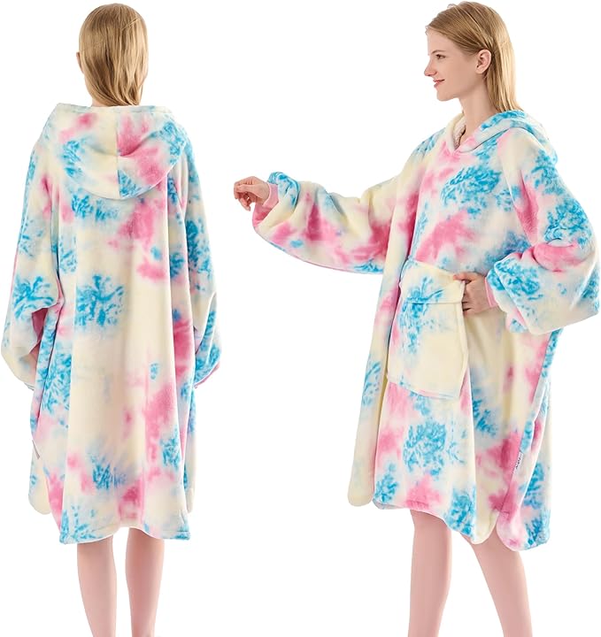 Krifey Wearable Blanket Hoodie, Oversized Sherpa Fleece Sweatshirt with Giant Pocket, Birthday Gifts for Women, Mom, Sister, Pink Tie Dye