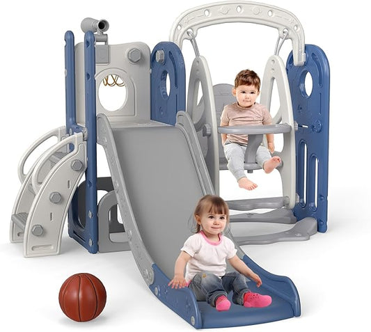 kinbor Toddler Swing and Slide Set - Indoor Outdoor Baby Slide for Toddlers 1-3, Toddler Playground with Basketball Hoop & Storage – Safe, Sturdy Kids Indoor Outdoor Playset, Blue