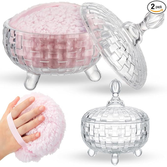 Tioncy 2 Pcs Extra Large Dusting Powder Puff and Container for Women-6'' Glass Crystal Dusting Powder Container with Body Soft Washable Reusable Velour Face(Clear,Weave Design)