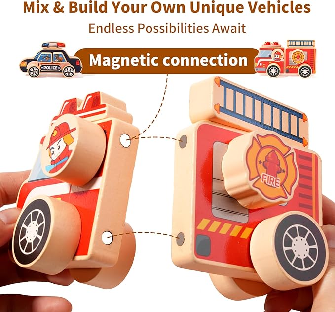 Emergency Vehicle Building Toys,Rescue Squad Wooden Magnetic Connection Building Blocks for Kids 3-8, Montessori Take Apart Toy - Fine Motor Building Toy Gift for 3 4 5 Years Old Kids