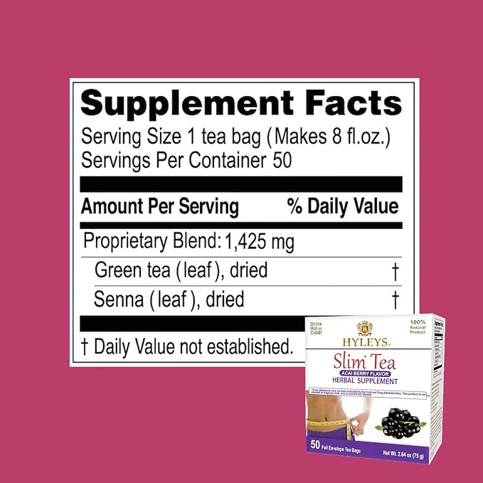 Hyleys Slim Tea Weight Loss Herbal Supplement with Acai Berry - Cleanse and Detox - 50 Tea Bags (1 Pack)