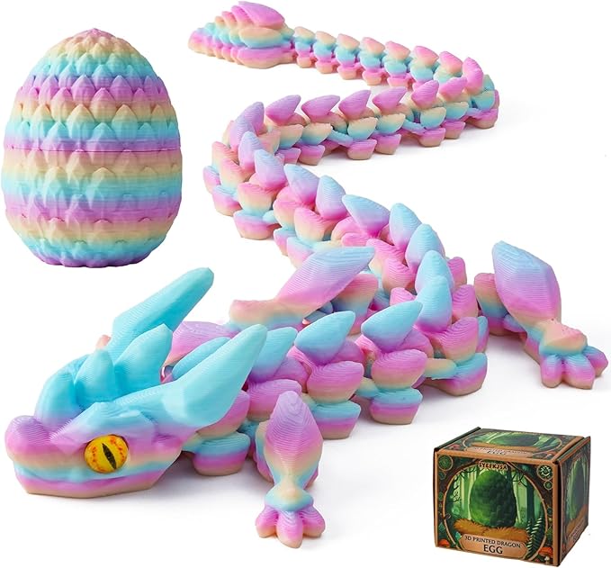 FYEFKJSA 3D Printed Dragon Eggs with Dragon Inside - 12Inch,Articulated Fidget 3D Printed Animals, Interesting Decorative Gift, Easter Basket Essentials Stuffers (Random Rainbow)