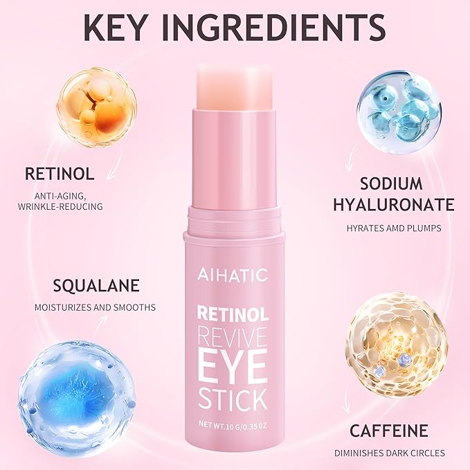 Retinol & Caffeine Eye Balm Stick - Dark Circles Relief & Depuffing Treatment, Hyaluronic Acid + Collagen, Gentle Under Eye Cream for Sensitive Skin, Hydrates & Smooths Fine Lines, 0.35oz/10g