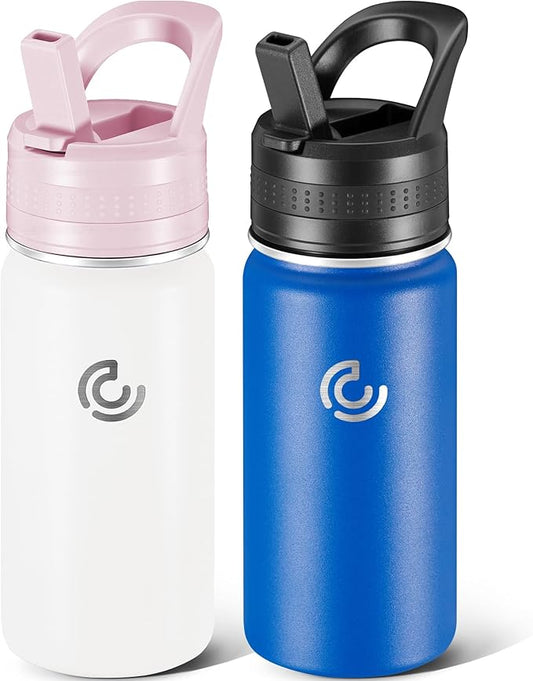 2 Pack Kids Water Bottle,14oz Stainless Steel Insulated Water Tumbler Leak-Proof,School Water Mug,Small and Portable,Suitable for Boys and Girls to Use(White + Blue)