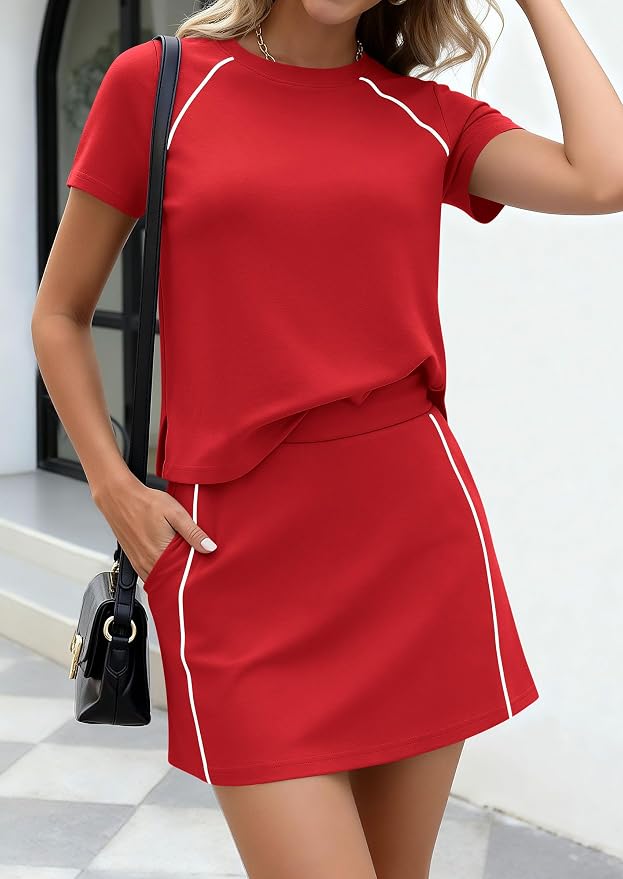 PRETTYGARDEN Women's 2 Piece Skirt Sets Matching Clothing | Short Sleeve Shirts,Color Block Tops,Mini Skirts with Shorts Pockets,Skort Set,Workout Active Wear,Tennis Golf,Summer Outfits