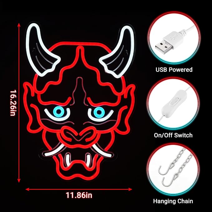 Kavaas Hannya Mask Neon Sign, Anime Japanese Neon Sign for Gamer Room Bar Tattoo Studio Decor | LED Oni Mask Neon Light for Bedroom Boys, Gaming Wall decor - Best Gamer Gifts for Teenage Boys, Christmas