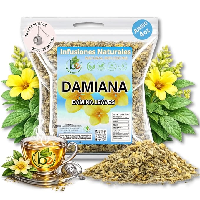 Damiana Leaf Te – 4 oz (113g) Loose Herbal Tea + Stainless Steel Tea Infuser – 100% Natural Turnera diffusa – Authentic Mexican Origin – Caffeine-Free, Non-GMO, Gluten-Free, Vegan By Bexpertsusa