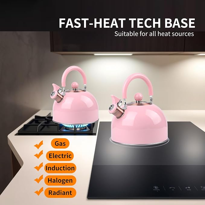 2.6 Quart Pink Whistling Tea Kettle for Stovetop, Stainless Steel Teapot with Cool-Touch Handle, Loud Whistle, Wide Base, Induction Compatible for Gas Electric Glass Cooktops