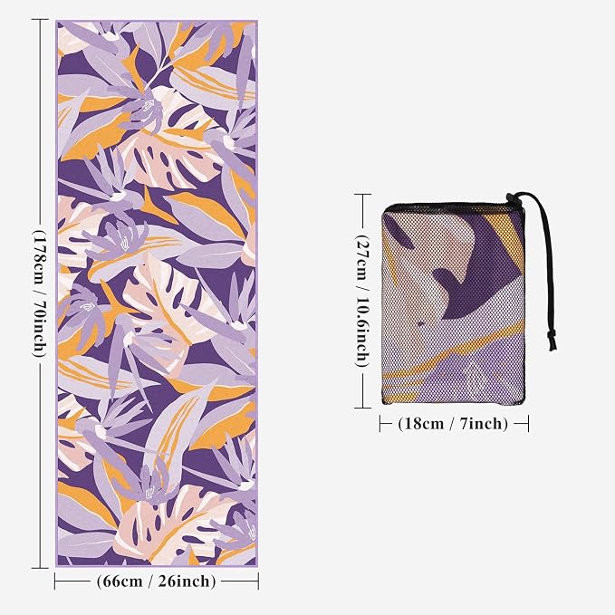 Yoga Towel Hot Yoga Mat Towel with Corner Pockets, 70 x 26 inch, Non-Slip Sweat-Absorbent Soft Microfiber Yoga Blanket for Pilates, Fitness and Workout, Purple