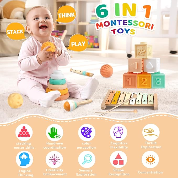 Baby Toys 6-12 Months Montessori Toys 6 in 1 Musical Instruments for Toddler, Stacking Blocks Development Learning Educational Toy with Wooden Xylophone Infant Baby Birthday Gift