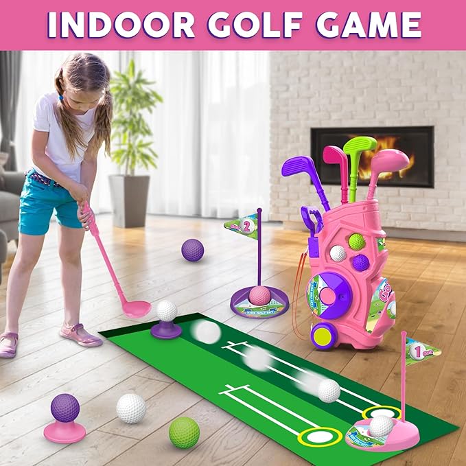 Toddler Golf Set with Putting Mat, 4 Clubs, 8 Balls, 2 Practice Holes for Kids 3-5 Years Old, Indoor Outdoor Sports Toys with Shoulder Strap, 20 Pieces