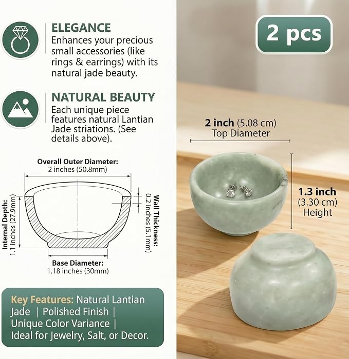 2 PCS Ring Bowl Jade Stone Trinket Dish Small Jewelry Holder Suitable For Vanity Nightstand Desk Decor Crystal Storage Home Office Accessories