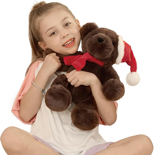 MorisMos Teddy Bear Stuffed Animal, 14'' Christmas Teddy Bear 2025 with Santa Hat & Scarf,180° Joints Posed Plush Toy, oft Stuffed Christmas Toy for Kid Girl Boy Max Decoration Birthday Gift,Chocolate