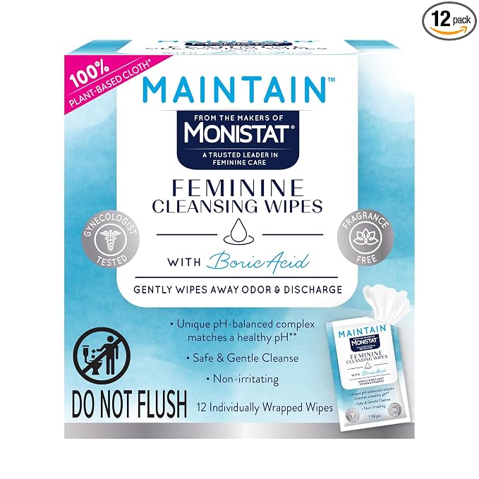 Monistat Maintain Boric Acid Feminine Wipes, Fragrance-Free, Non-Irritating and pH-Balanced Wipes for Women, Individually Wrapped Feminine Care, 12 Count