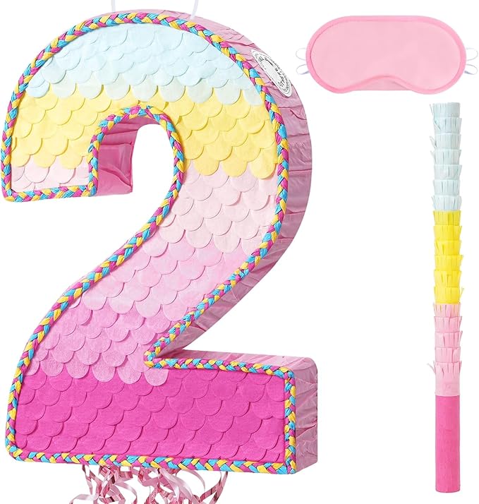 WERNNSAI Pink Sweet Two Pinata - Number 2 Pinata Happy Birthday Decoration Pink Rainbow Design Party Games for Girl Princess Baby Shower Party Favor with Blindfold Anniversary Celebration Supplies