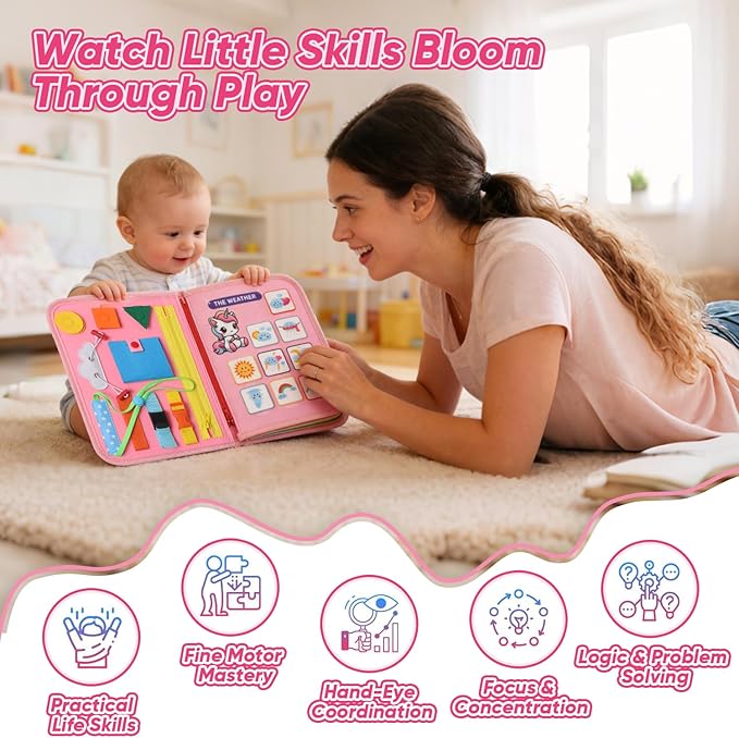 Busy Board Montessori Toys, Educational Activity Book Board Sensory Travel Toys for Toddler, 8 in 1 Preschool Learning Activities, Toddler Girl Airplane Car Travel Toy.