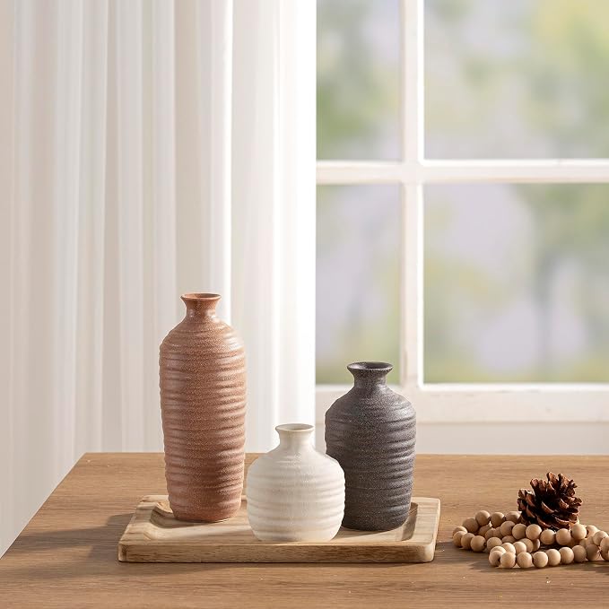 Dobbyby Ceramic Vase Set of 3 Neutral Decorative Vase for Farmhouse, Boho, or Rustic Home Decor Pottery Vases for Pampas Grass Living Room Bedroom Table Mantel Entryway Shelf (01-Brown)