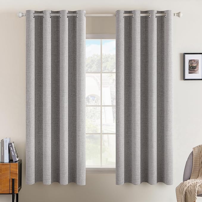 MIULEE Linen Texture Curtains for Bedroom Solid 100% Blackout Thermal Insulated Light Gray Curtains Grommet Room Darkening Drapes for Living Room 52x45 Inch (2 Panels)