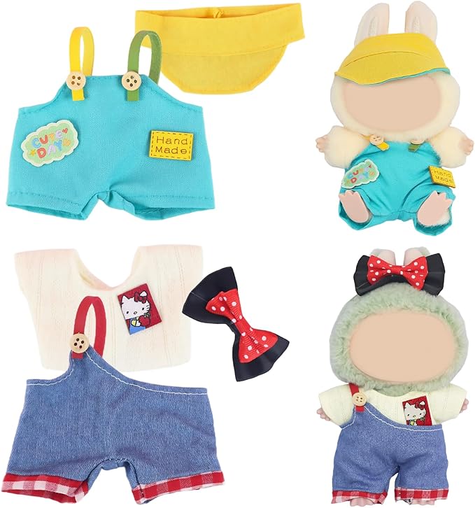 5-Piece Doll Clothes Set for 15cm & 17cm Mini Dolls – 2 Sets Outfits Accessories Suit with Bow Clip, Bib Pants, T-Shirt, and Hat for 17cm Doll (No Dolls & Shoes)