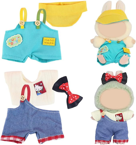 5-Piece Doll Clothes Set for 15cm & 17cm Mini Dolls – 2 Sets Outfits Accessories Suit with Bow Clip, Bib Pants, T-Shirt, and Hat for 17cm Doll (No Dolls & Shoes)