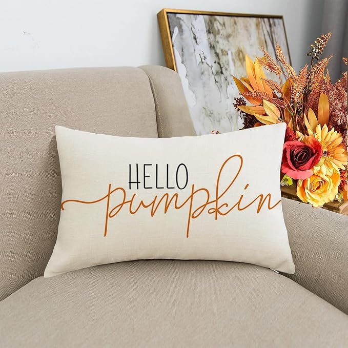 RABUSOFA Fall Pillow Covers 12x20 Inch,Autumn Hello Pumpkin Pillows Decorative Throw Pillows,Lumbar Outdoor Thanksgiving Cushion Cover Farmhosue Fall Decor for Bedroom Couch Sofa White