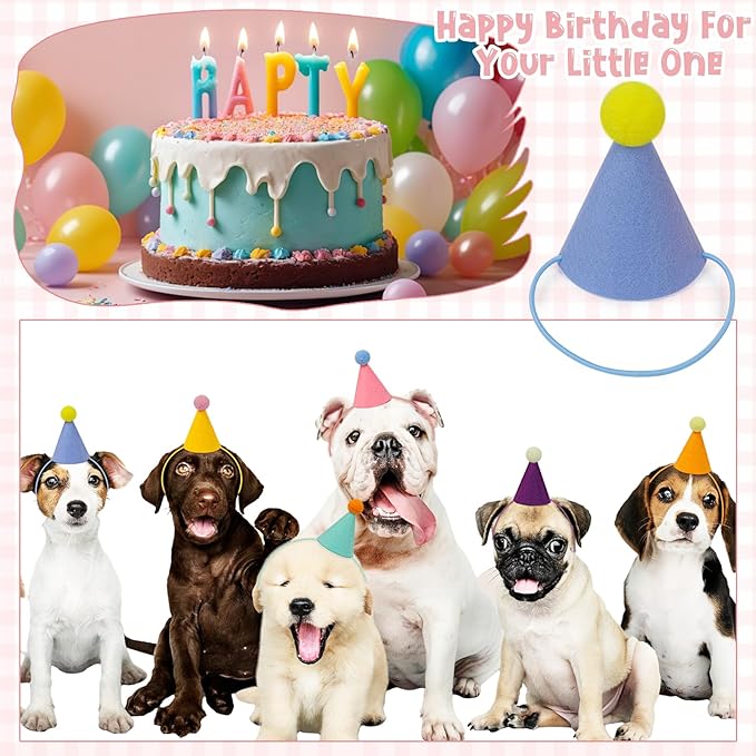 12pcs Mini Party Hats for Stuffed Animals, Birthday Party Cone Hats Dolls Dog Cat Rabbit Puppies Assorted Animal Birthday Decorations