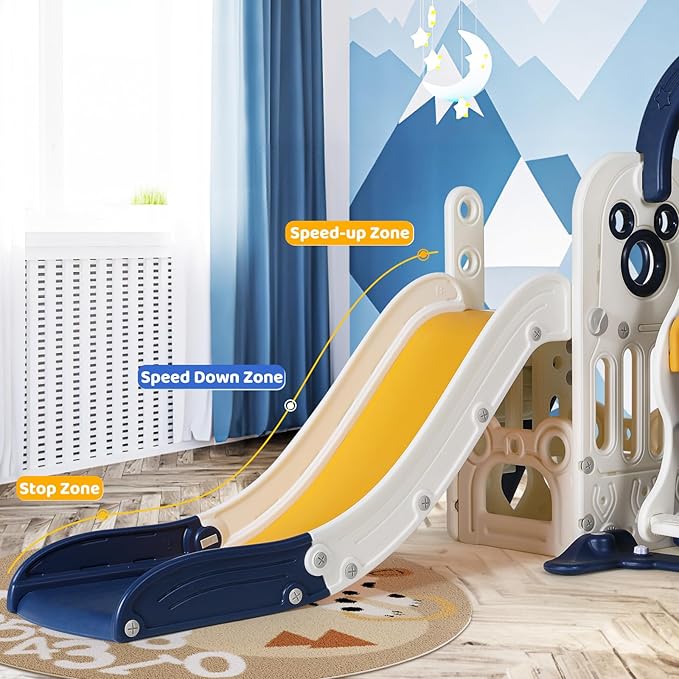 Arlopu 7 in 1 Toddler Slide and Swing Set, Kids Climber Playset with Ball & Hoop, Telescope, Suction Cup Reinforced Base, Baby Indoor Outdoor Playground (Dark Blue)