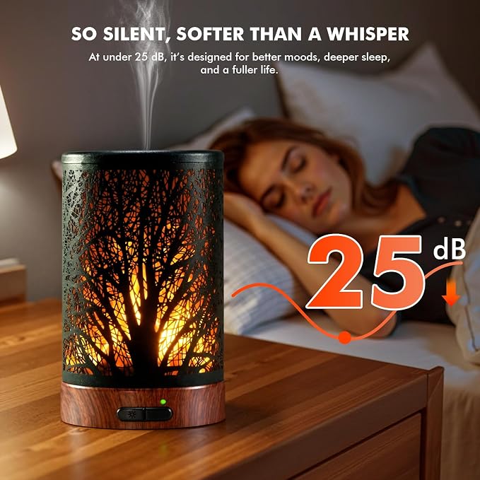 Aromatherapy Essential Oil Diffuser for Home - 100ml Black Ultrasonic Diffuser with Dynamic Flame Light, Metal Cool Mist Aroma Diffuser for Essential Oils & Auto Shut-Off Protection