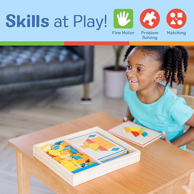Melissa & Doug Pattern Blocks and Boards with 120 Multi-Colored Wooden Shape Tiles, 5 Double-Sided Puzzle Boards, Tangram Puzzles, Montessori Toys for Girls & Boys