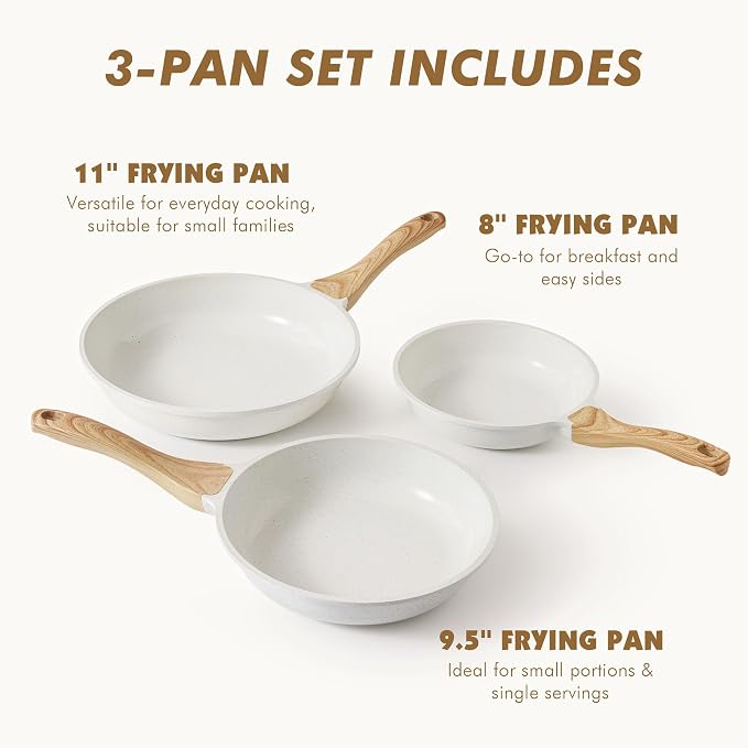 SENSARTE Ceramic Nonstick Frying Pan Skillets, White (8+9.5+11 Inch) | Healthy ceramic nontoxic coating, PTFE & PFAS free. Compatible with all stoves including induction cooktops. Easy to clean.