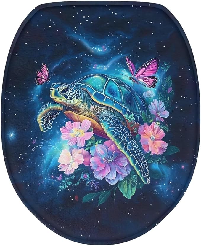 Sea Turtle Toilet Seat Cover Elongated with Elastic Band Sea Turtle Flower Toilet Seat Lid Covers for Bathroom Soft Toilet Seat Cover Machine Washable Easy to Clean