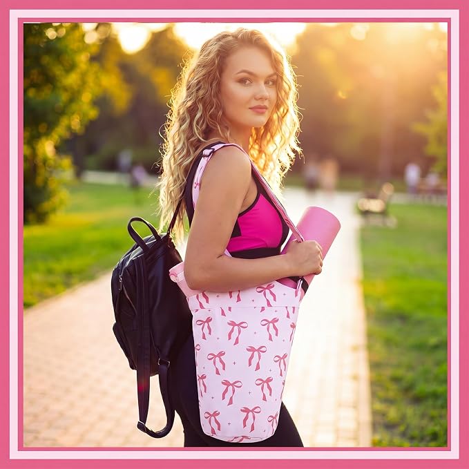SATINIOR Pink Bow Yoga Mat Bag with Large Size Pocket & Zipper Pocket Oxford Cloth Yoga Bag Mat Carrier Holder Adjustable Shoulder Strap Women Gym Pilates Accessories for Travel Office Beach Workout