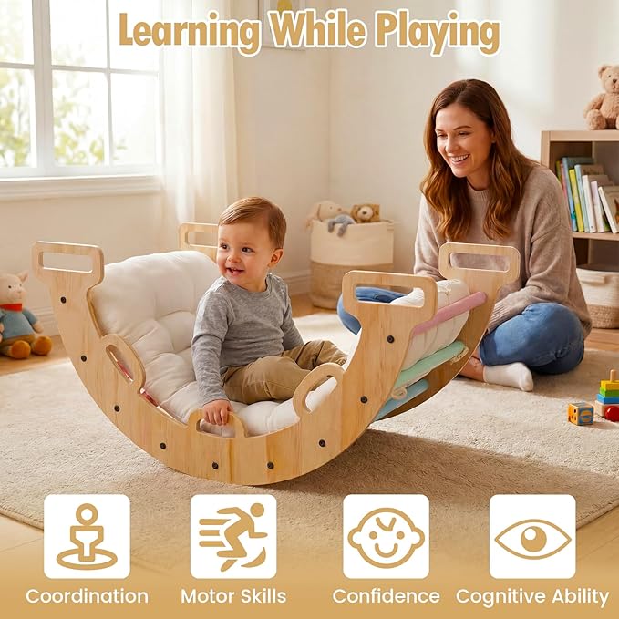 Costzon Wooden Rocking Climbing Arch w/Cushion, 3-in-1 Montessori Kids Climber Rocker for Toddlers, Playground Climbing Ladder Toy, Indoor Gym Learning Playset for Boys Girls Ages 1+ (Macaron)