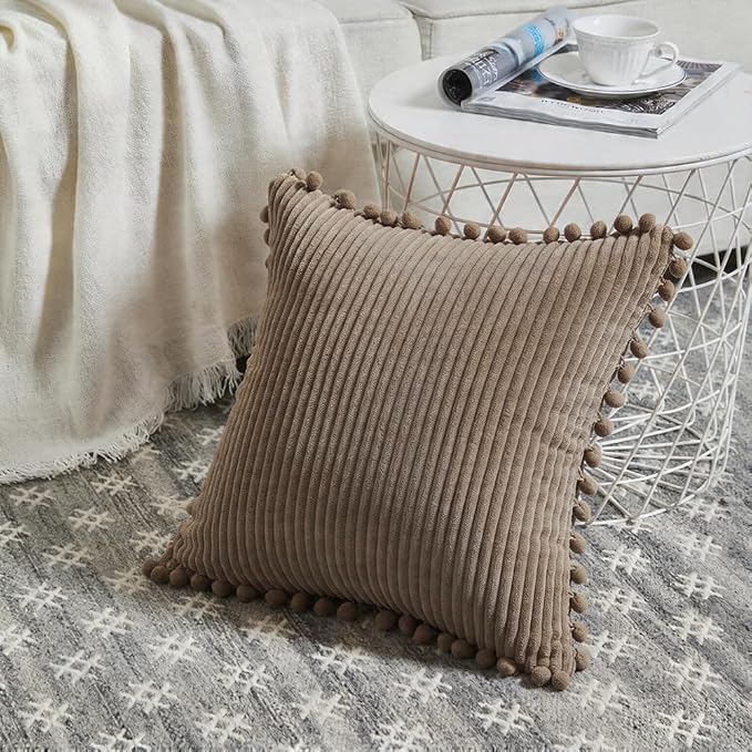 Fancy Homi Set of 2 Light Brown Decorative Throw Pillow Covers 12x12 Inch with Pom-poms for Couch Bed Sofa, Modern Farmhouse Boho Home Decor, Soft Plush Corduroy Cute Cushion Case 30x30 cm