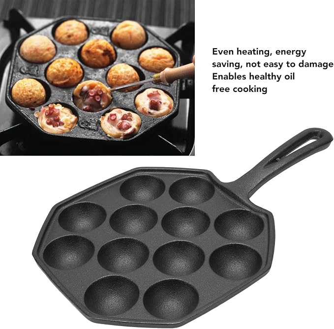 HERCHR 12 Grid Takoyaki Pan, Cast Iron Octopus Meatballs Frying Pan 18cm/7.09in Diameter Non Stick Omelet Breakfast Maker Skillet for Home Cooking