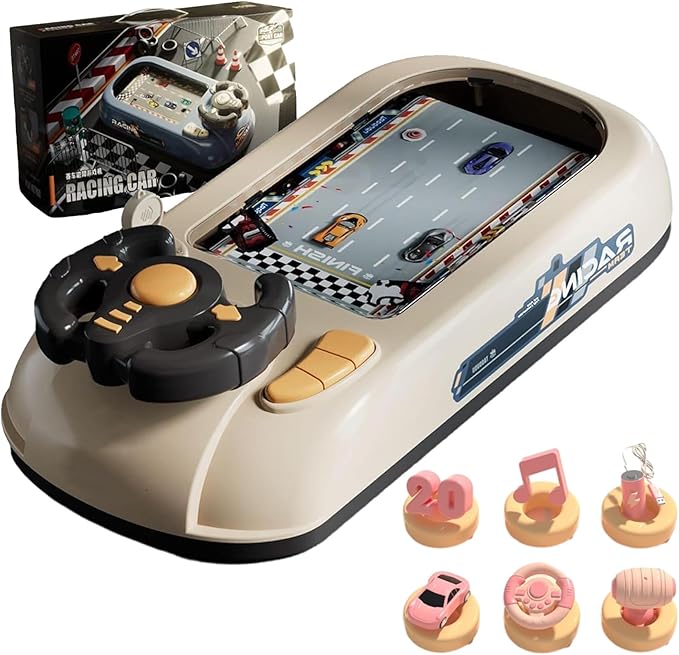 Racing Adventure Car Steering Wheel,Car Racing Adventure Toy with Steering Wheel,Racing Car Toy with Steering Wheel-200 Levels,Sound Effects,Adjustable Volume,2 Speed Adjustable (Beige)