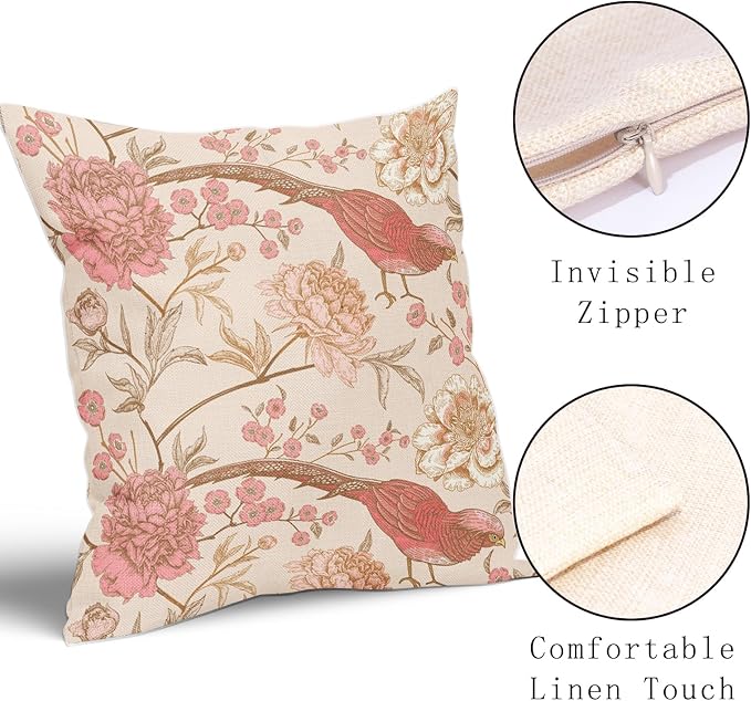 Flowers Birds Pillow Covers 16X16 Inch Set of 2 Pink White Roses Floral Leaf Decorative Pillow Cases Art Retro Gold Cotton Linen Cushion Case Vintage Home Decor for Sofa Couch Porch Outdoor