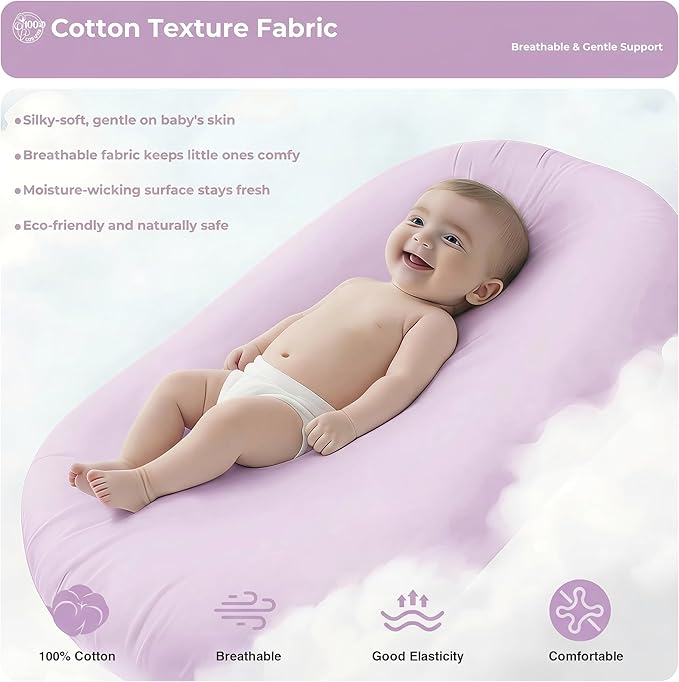 Infant Support Cushion - Baby Support Cushion for Newborn, 0-24 Months, Breathable Cotton Tummy Time Mat, Supervised Use, Portable Newborn Essentials for Home and Travel, Purple (Cover Included)