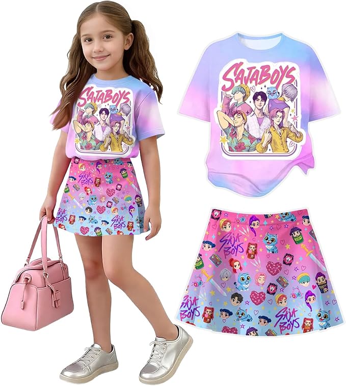 HTHLVMD K Pop Short Sleeve T-Shirt and Skirts Outfits Set for Girls Hunters Rumi Mira Zoey Graphic Tees De-Mon Costume
