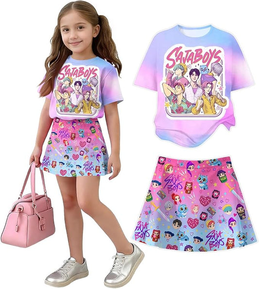 HTHLVMD K Pop Short Sleeve T-Shirt and Skirts Outfits Set for Girls Hunters Rumi Mira Zoey Graphic Tees De-Mon Costume