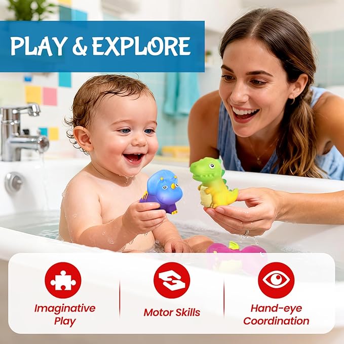 No Hole Dinosaur Bath Toys - Color Change Bath Toys for Toddlers, Fun Water Pool Bathtub Toys for Boys & Girls (with Shark net)