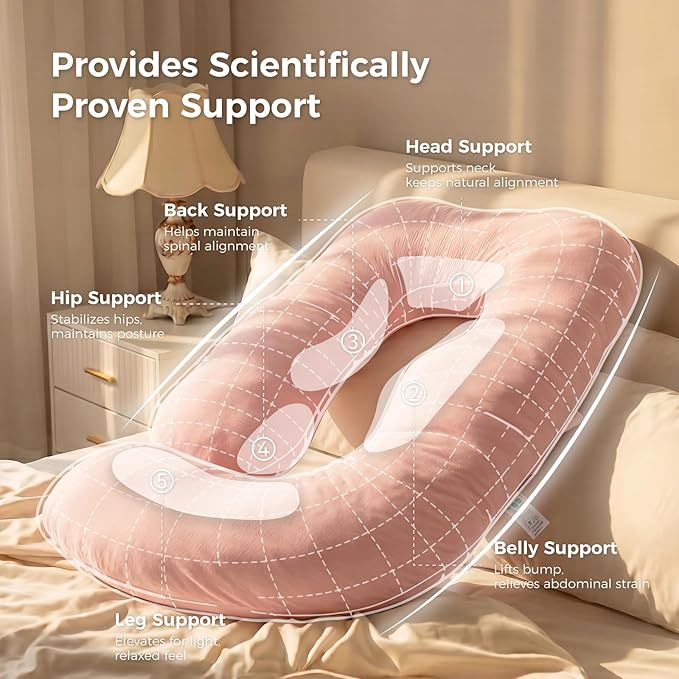 Momcozy Pregnancy Pillows for Sleeping, U Shaped Full Body Maternity Pillow with Removable Cover - Support for Back, Legs, Belly, HIPS for Pregnant Women, 57 Inch Pregnancy Pillow, Cotton Pink
