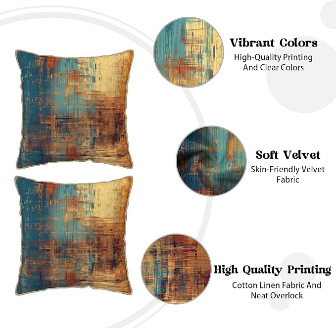 Vintage Abstract Teal Orange Velvet Pillow Covers 18x18 InchMessy Blue Rust Throw Pillows for Couch Cushion Covers Pillowcase Retro Colorful Art Pillow Cases for Sofa Bed Living Room