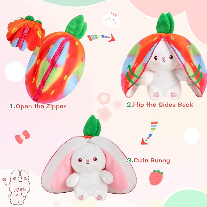 MIAODAM Rainbow Strawberry Bunny Stuffed Animal, Rainbow and Strawberry Bunny Plush Turn Into Rabbit Fruit Doll, Plushie Cute Bunny Toy for Baby (7 inch)