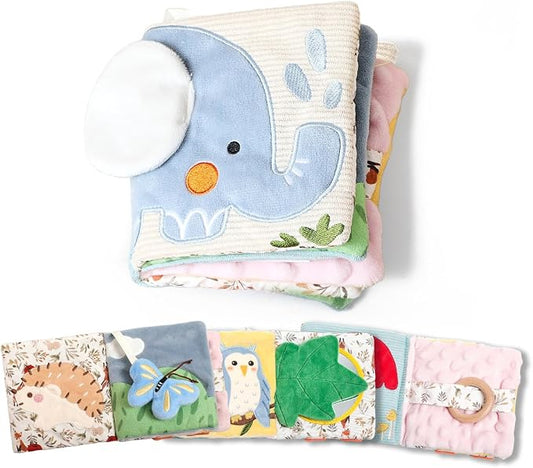 let's make Elephant Soft Baby Books for 0-6-12 Months, Montessori Sensory Tummy Time Toys with Crinkle & Mirror, Teething Toy, Washable Newborn for Boys Girls