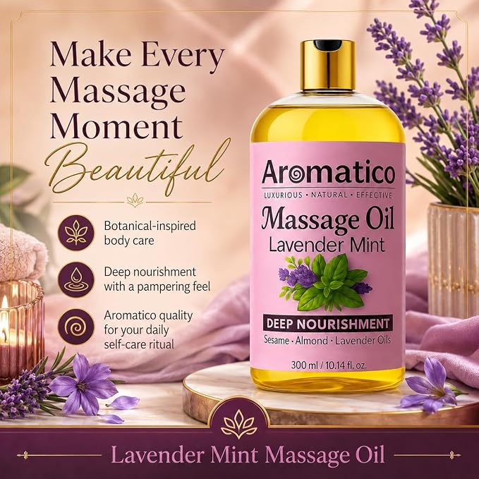 Aromatico Massage Oil with Lavender & Mint Essential Oils, Sesame, Almond & Jojoba Oils Blend, Lightweight Body Massage Oil, 10 Fl Oz