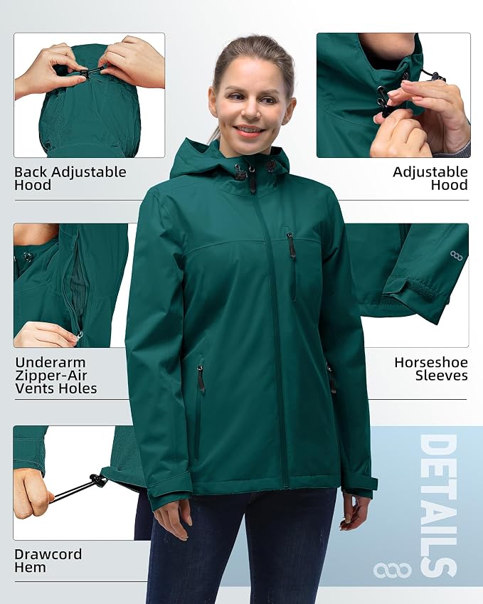 33,000ft Packable Rain Jacket Women Lightweight Waterproof Raincoat with Hood Cycling Bike Jacket Windbreaker