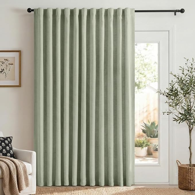 100% Blackout Shield Linen Blackout Sliding Door Curtains for Living Room, Back Tab/Rod Pocket Thermal Insulated Curtains for Sliding Glass Doors, 1 Panel Set, 100" W x 108" L, Sage Green