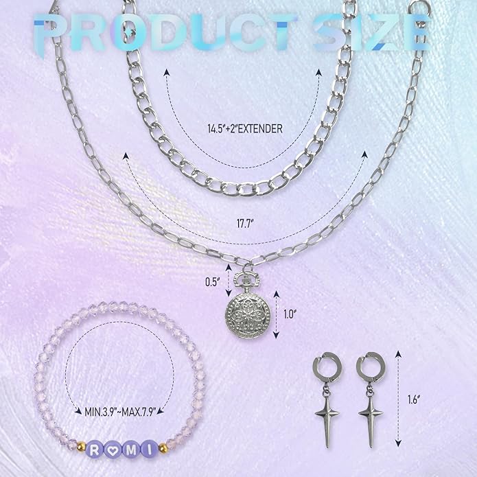 Demon Kpop Rumi Jewelry Set – Chain Necklace, Cross Earrings & Elastic Glass Bead Bracelet with RUMI Letters, Fan Inspired Costume Accessories