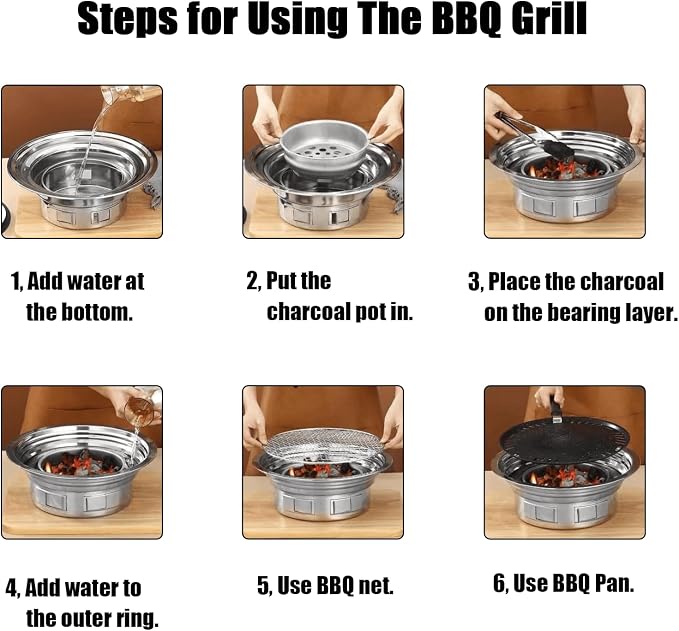 Portable Korean Style Stainless-Steel Barbecue Grill, Charcoal BBQ Round Grill Stove for Outdoor Camping, Picnicking & Parties 1~4 People, 13.8" DIA